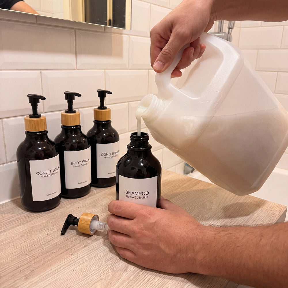 Rellenando el frasco desde el galon grande de shampoo